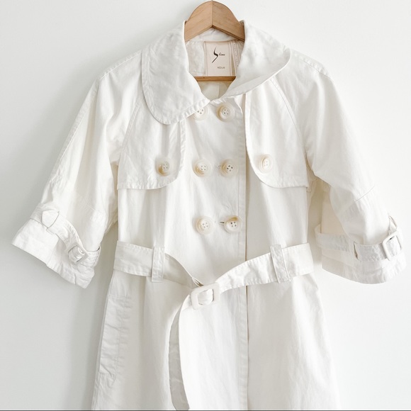 S Line Women’s White Belted Short Sleeve Trench Coat Cotton Medium - Picture 2 of 15